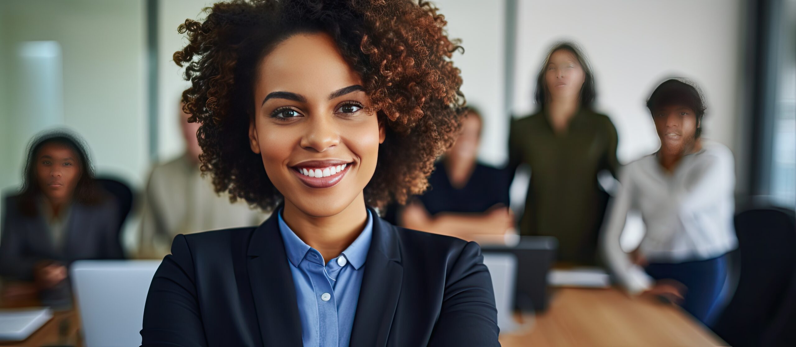 Confident African American woman on office desk with colleagues